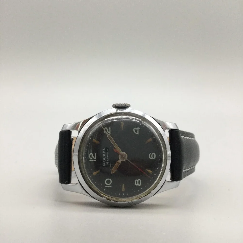 Vintage Moskva Mens Watch 29mm Black Dial Leather USSR Soviet Russia Moskva